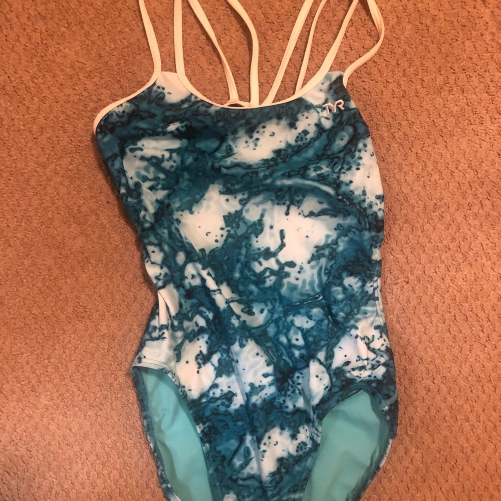 TYR suit with pretty blue and white print and double strap detail